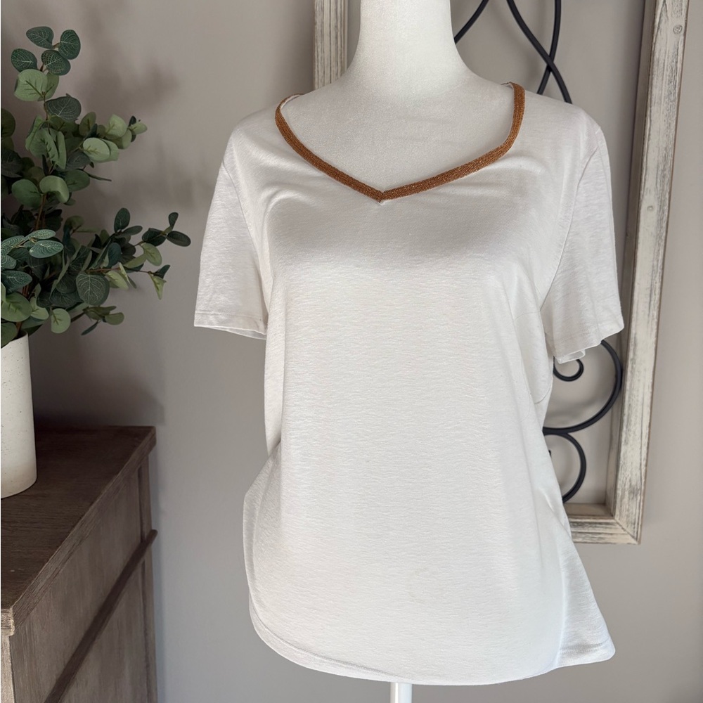 Talbots White V-Neck Top with Gold Trim